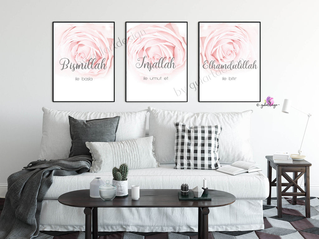 Islamisches Poster Set 3-teilig – Bismillah InshaAllah Alhamdulillah – Moderne islamische Wandbilder & Wanddekoration