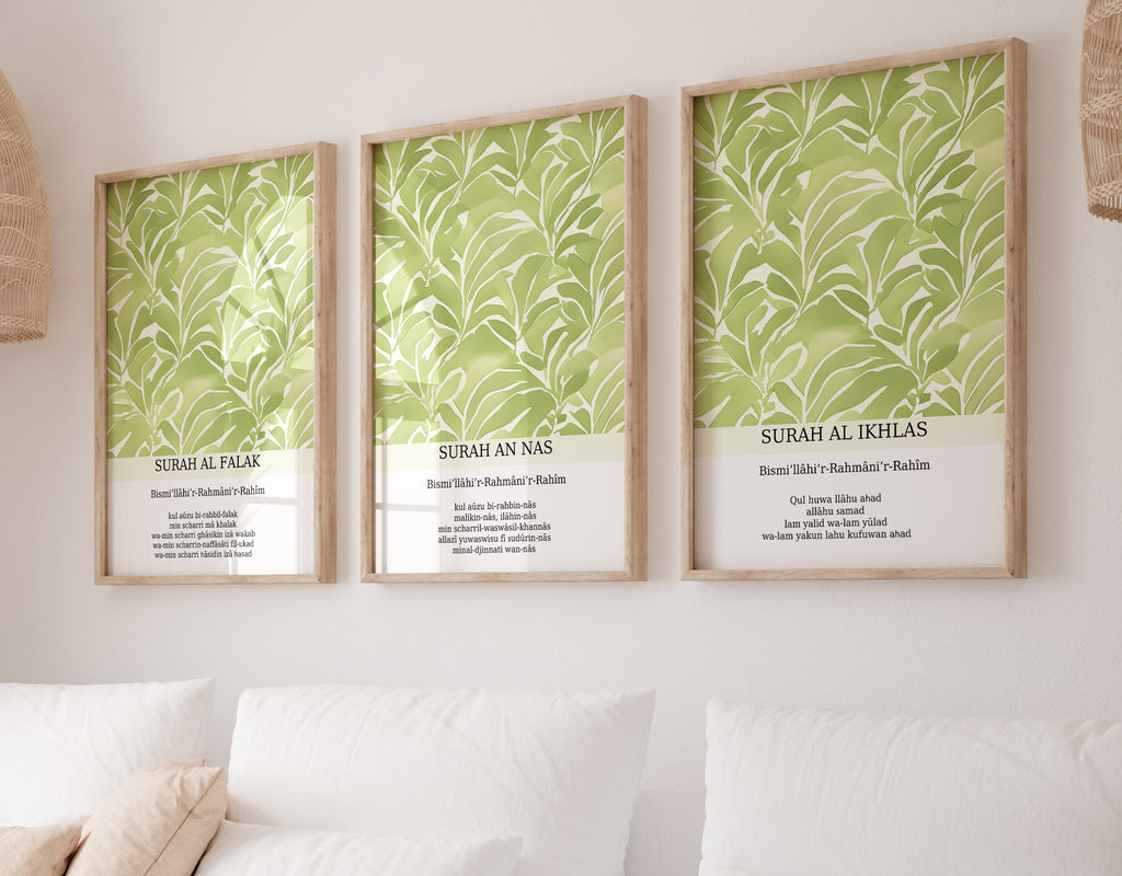 Islamisches Poster Set 3-teilig – Surah Al-Falaq, An-Nas & Al-Ikhlas – Wandbild Set ohne Rahmen – Islamische Dekoration Grün Schwarz