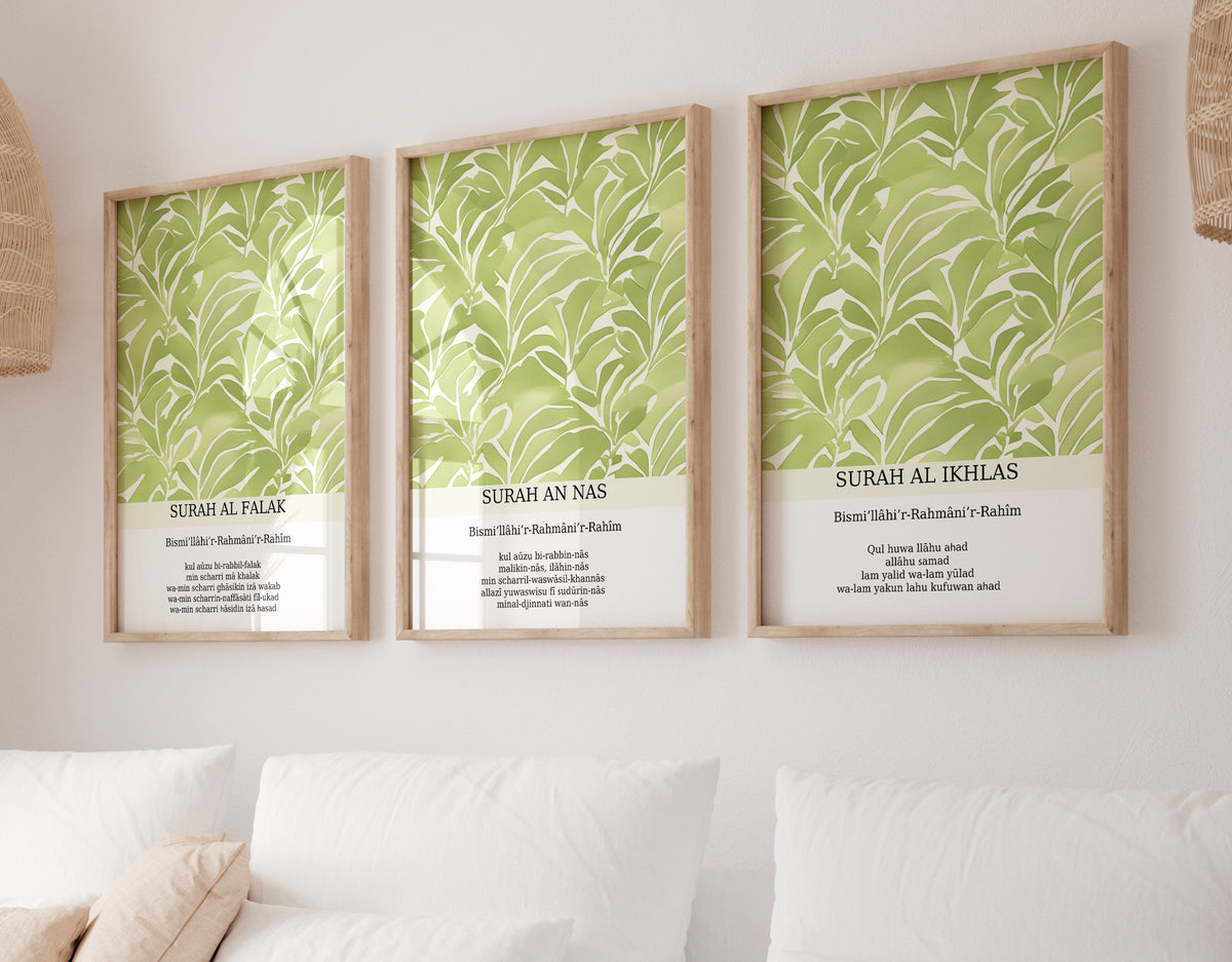 Islamisches Poster Set 3-teilig – Surah Al-Falaq, An-Nas & Al-Ikhlas – Wandbild Set ohne Rahmen – Islamische Dekoration Grün Schwarz