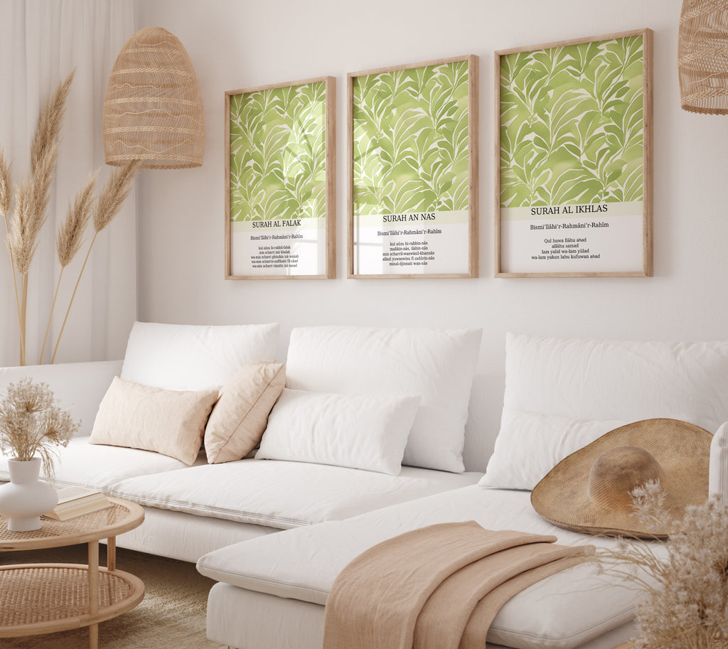 Islamisches Poster Set 3-teilig – Surah Al-Falaq, An-Nas & Al-Ikhlas – Wandbild Set ohne Rahmen – Islamische Dekoration Grün Schwarz